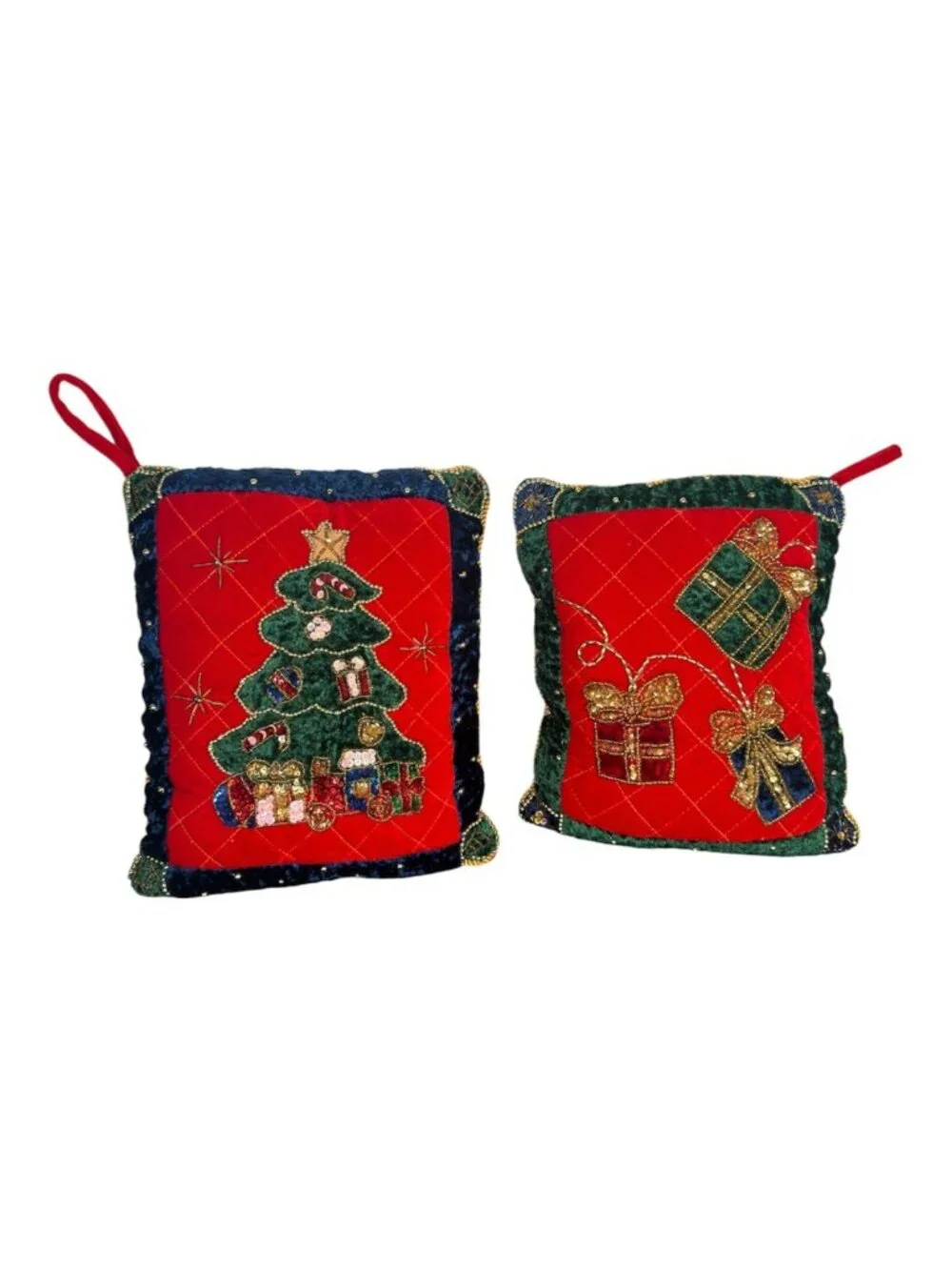 Vintage 3 crush Velvet Sequin Blue Red Green Christmas Tree Presents Pillows